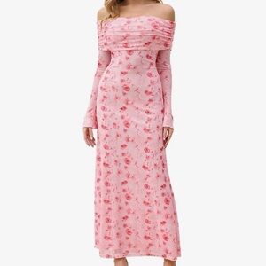 Pink Floral Off Shoulder Maxi Dress Stretch Knit Size XL